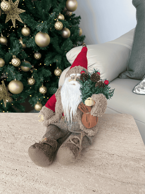 Boneco Papai Noel Sentado Natal 30cm Marrom e Vermelho