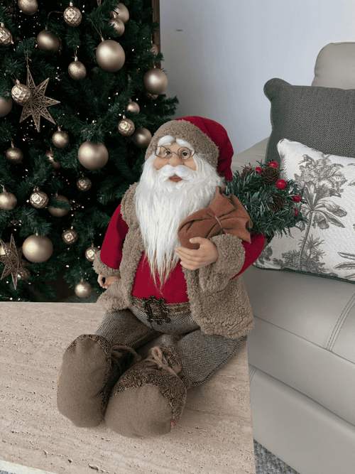 Boneco Papai Noel Sentado Natal 60cm Marrom e Vermelho