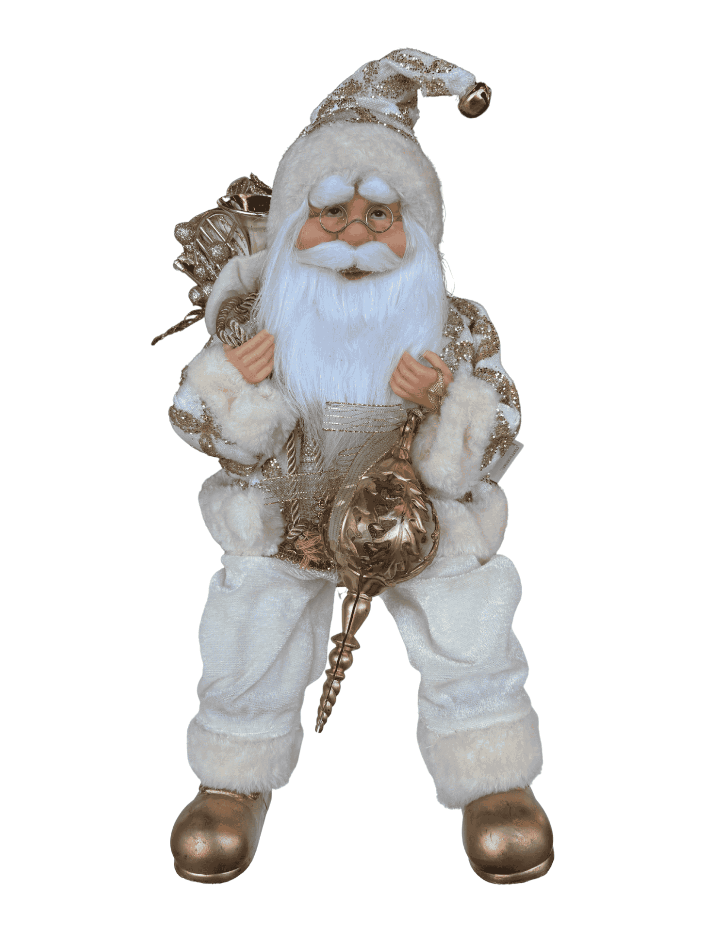 Boneco Papai Noel Sentado Natal 45cm Dourado e Branco