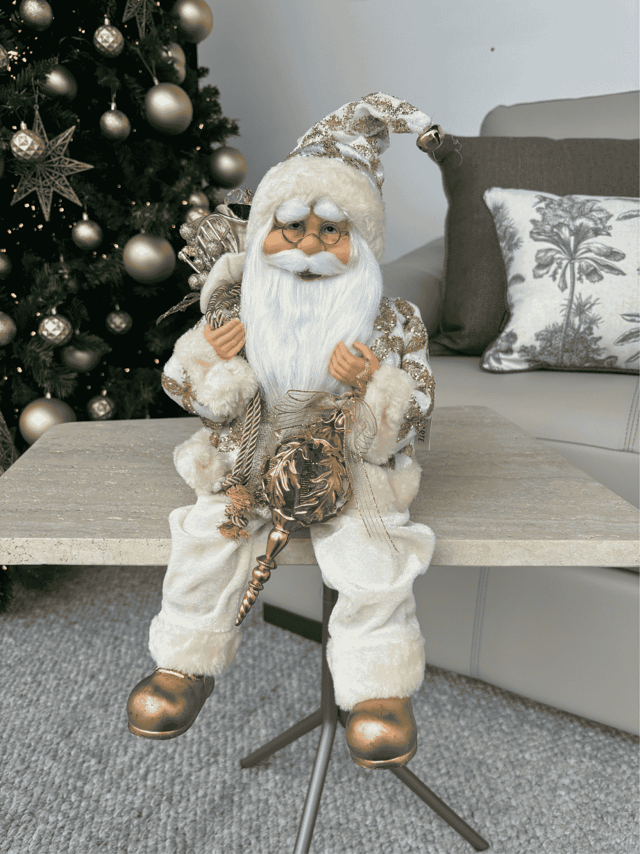 Boneco Papai Noel Sentado Natal 45cm Dourado e Branco
