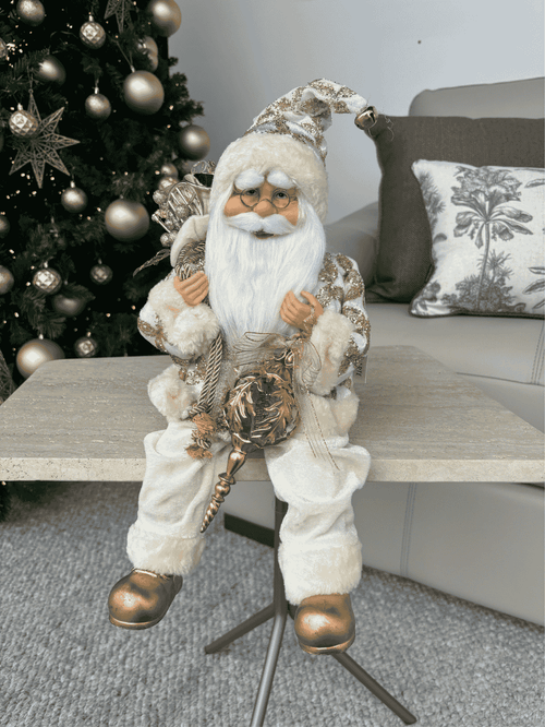 Boneco Papai Noel Sentado Natal 45cm Dourado e Branco
