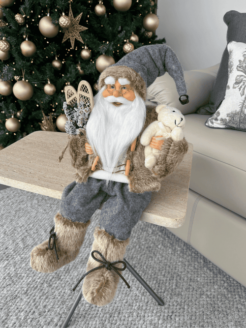 Boneco Papai Noel Sentado Ursinho Natal 40cm Cinza