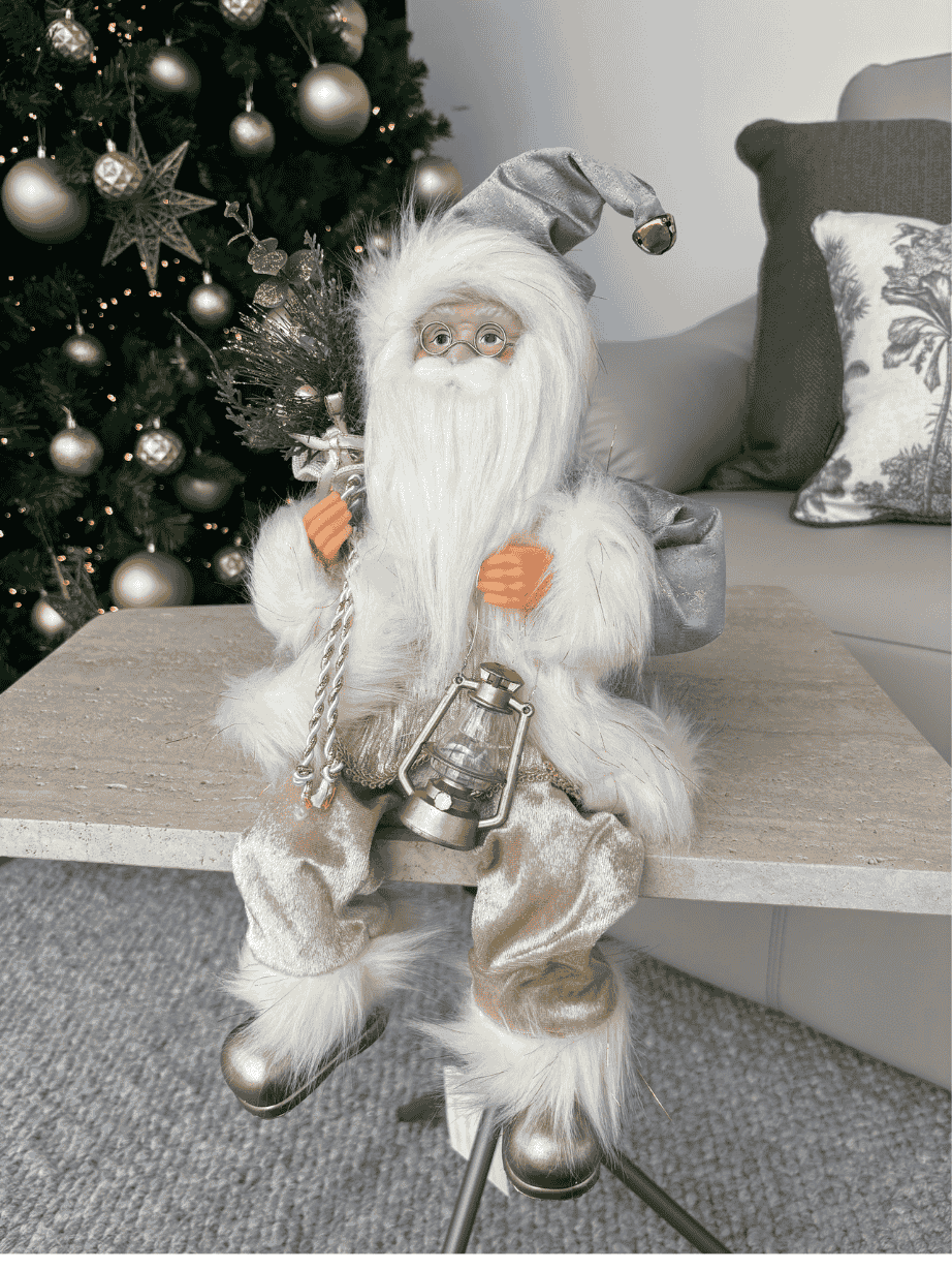Boneco Papai Noel Sentado com Cajado Natal 45cm Azul e Champagne