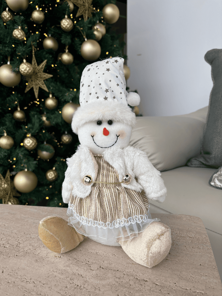 Boneco de Neve Sentado Natal 26cm Branco e Champagne